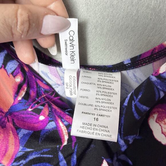 Calvin Klein Floral Print Pink Black One Piece Swimsuit Bathing Suit Size 16 - Picture 8 of 12